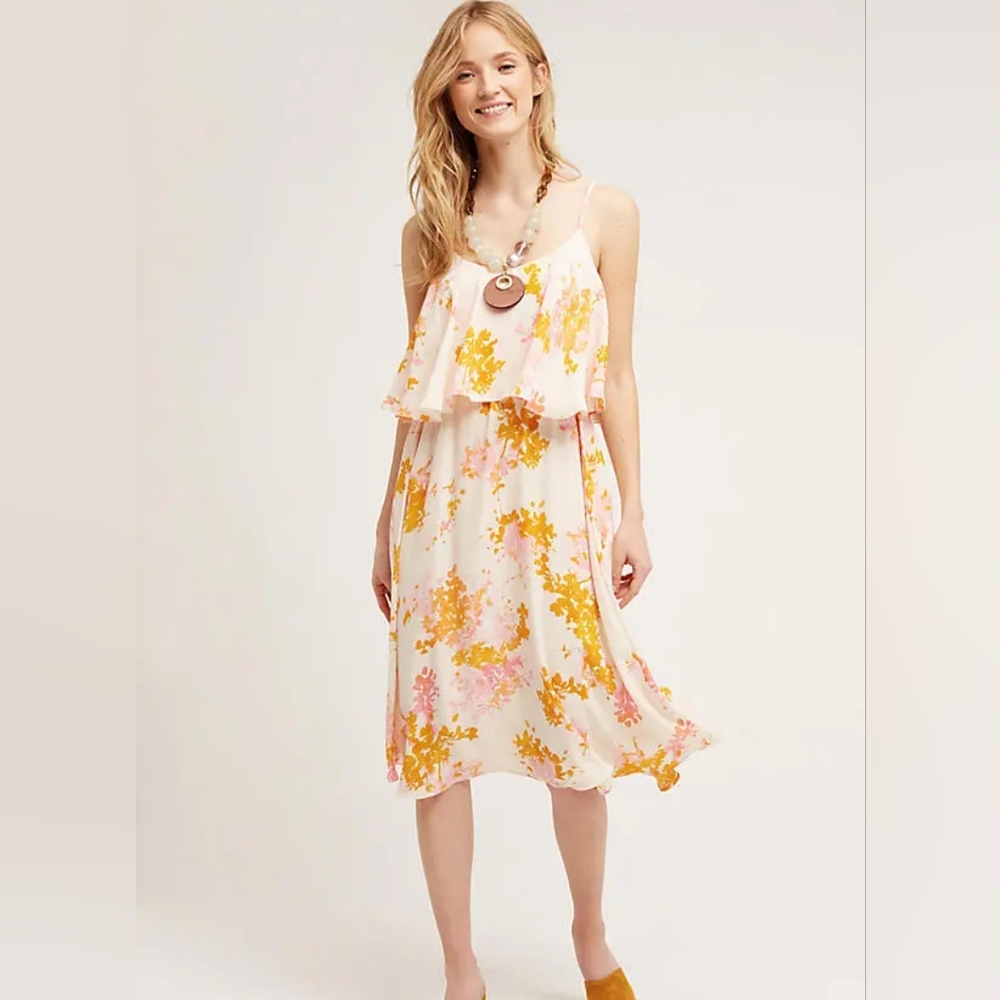 Anthropologie flowy tiered floral midi dress